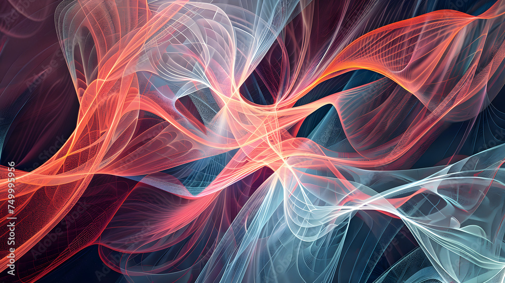 Fototapeta premium Vibrant digital artwork featuring intertwining red and blue waves on a dark background