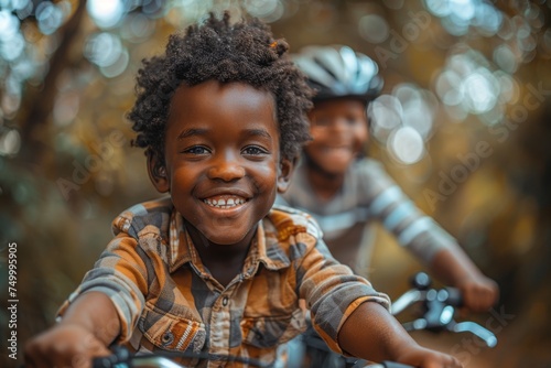 Young boy with a big smile riding his bicycle in a park with a blurred friend in the background photo