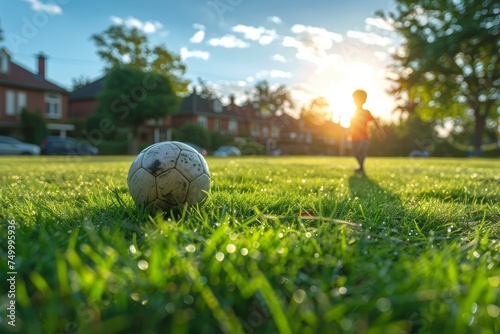 Solitary weathered football on grass with a child's silhouette and houses against a sunset backdrop