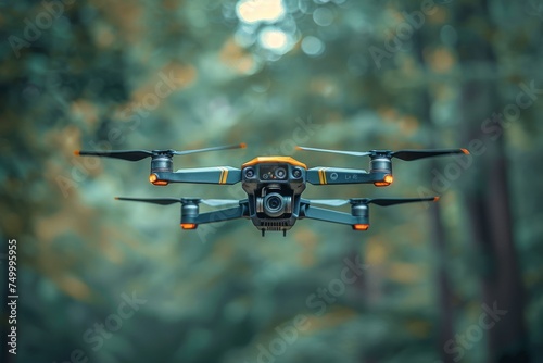 An unmanned aerial vehicle with high-tech camera equipment flies amidst the serene backdrop of a dense forest