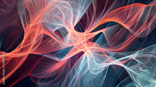 Vibrant digital artwork featuring intertwining red and blue waves on a dark background