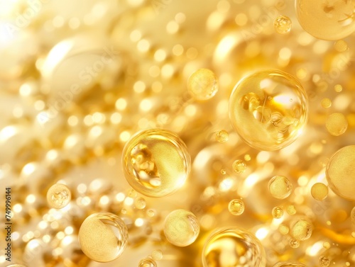 Captivating golden serum bubbles floating against a shimmering background, symbolizing potency and purity