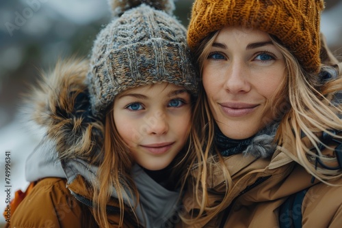 Warm portrait of a mother and daughter, dressed for cold weather, showcasing their similarity and bond