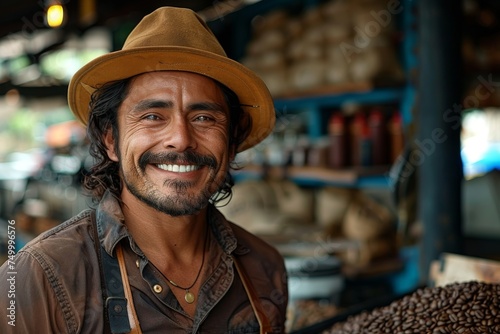 Charismatic craftsman with a moustache and a hat flashing a joyful smile in his rustic market shop photo