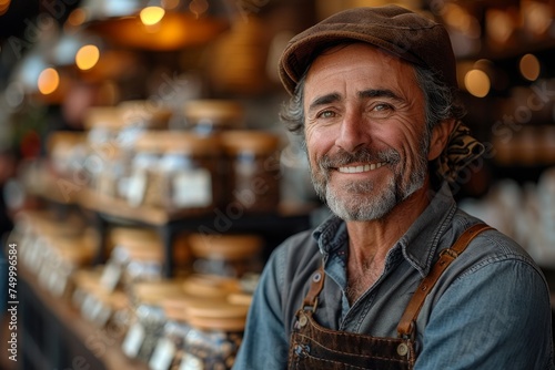 Friendly baker in a denim apron standing proudly in front of a display of artisan breads in his shop photo