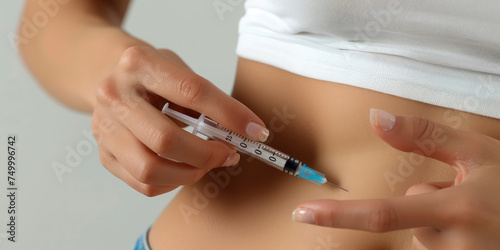 Closeup-up woman holding an injection syringe and preparing to get a shot in her stomach to prepare for eco  copy space.