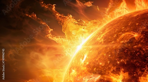 close up of burning sun with fire flames reaching into space photo