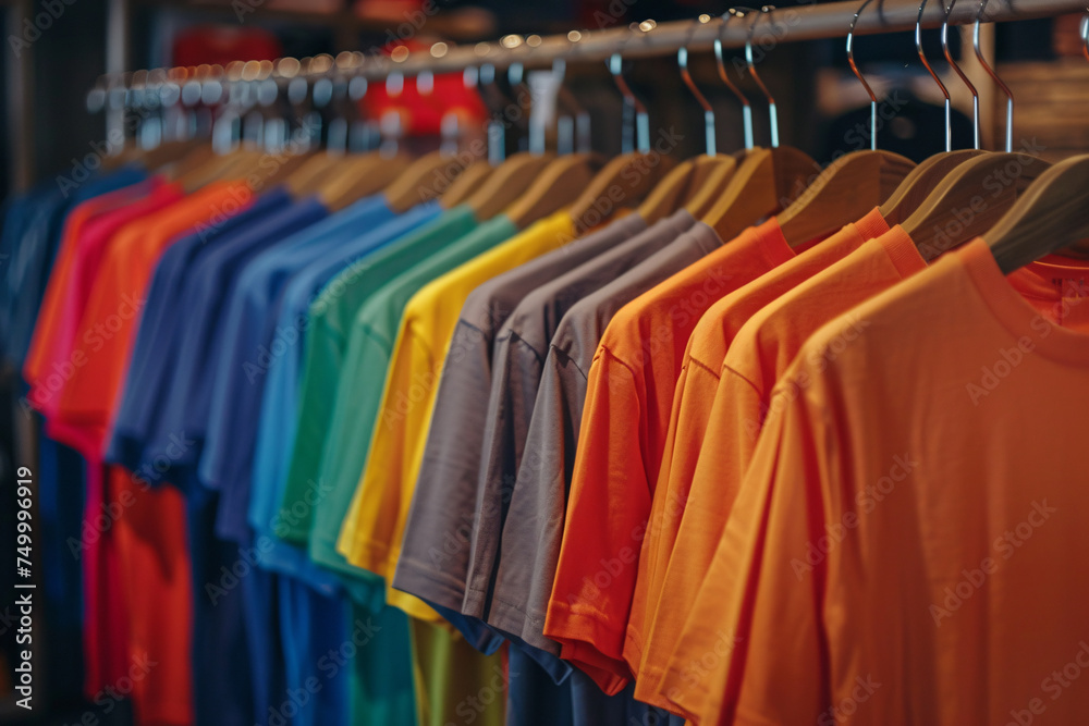 T-shirts in different colors at a clothing store T-shirts in different colors at a clothing store