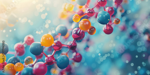 Abstract Molecular Structure Representation. 3D illustration of colorful molecules representing amino acids, with a soft-focus background. photo
