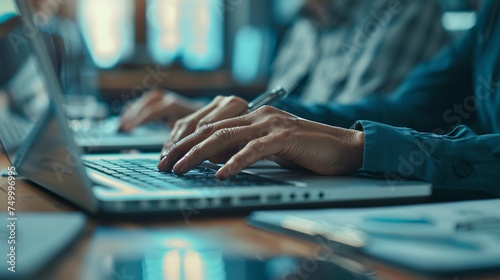 Hands of young contemporary office manager over laptop keypad during work over new business project by table