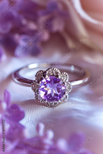 Elegant Amethyst Ring on Natural Backdrop. Close-up of a polished amethyst gemstone set in a sleek silver ring, copy space. © IndigoElf