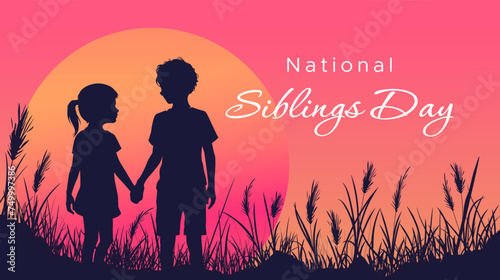 Siblings. Celebration of National Siblings Day. modern minimalist design with the silhouette of two small children and flowers. April 10. Siblings day 2024 © DaksaDesain