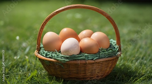 Colorful Easter eggs in a basket on a lush green grass.