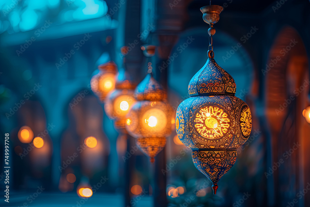 Series of lanterns hanging from the ceiling, each with a different colored light Series of lanterns hanging from the ceiling, each with a different colored light