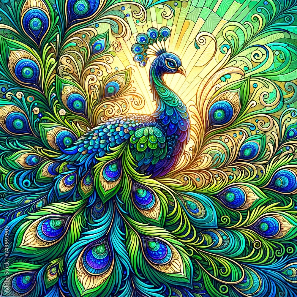 Fototapeta premium Detailed Peacock with Spread Tail, close-up view of a peacock's elaborate and detailed tail spread out, wildlife-themed designs, or any creative endeavor that seeks to showcase the majestic