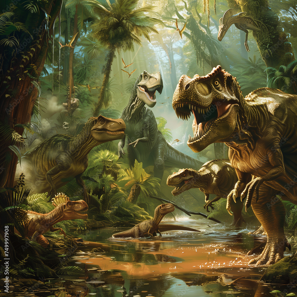 Generative AI: Dinosaurs in a primeval forest 