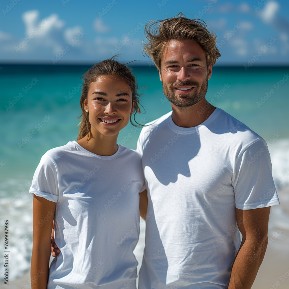 A couple boyfriend and girlfriend wearing blank white matching t-shirts mockup for design template, white tshirt mockup A couple boyfriend and girlfriend wearing blank white matching t-shirts mockup for design template, white tshirt mockup