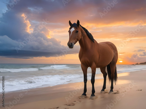 Beautiful horse standing on top of a sandy beach cloudy sky with a sunset