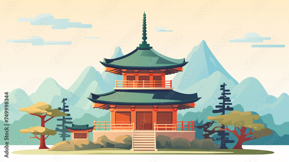 A cartoon illustration of a Japanese pagoda featuring traditional architecture and a cute modern style