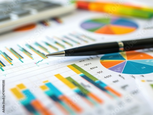Financial Data Analysis with Charts and Pen, Close-up view of colorful financial charts, pie graphs, and a pen on a document, symbolizing data analysis and business planning.