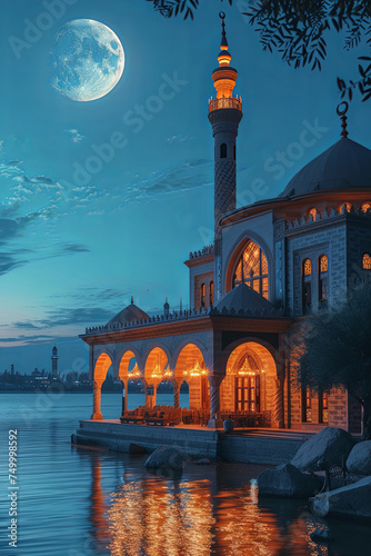 Beautiful mosque with a large dome and a large moon in the sky. The building is lit up with lights and the water is calm photo