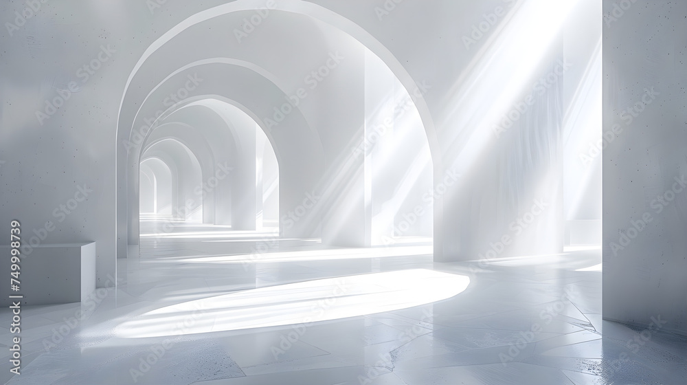 Modern white arched hallway with sunlight