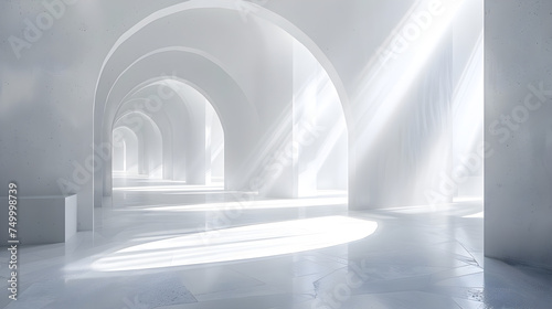 Modern white arched hallway with sunlight