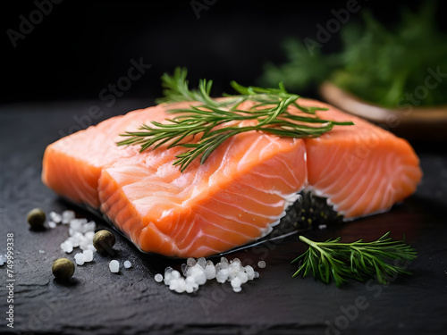 Close up of a raw salmon fillet on a dark slate background, garnished with salt, pepper