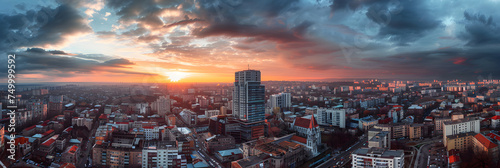 A Panoramic view of Architectural Diversity in Iași City set Against a Vibrant Sunset photo