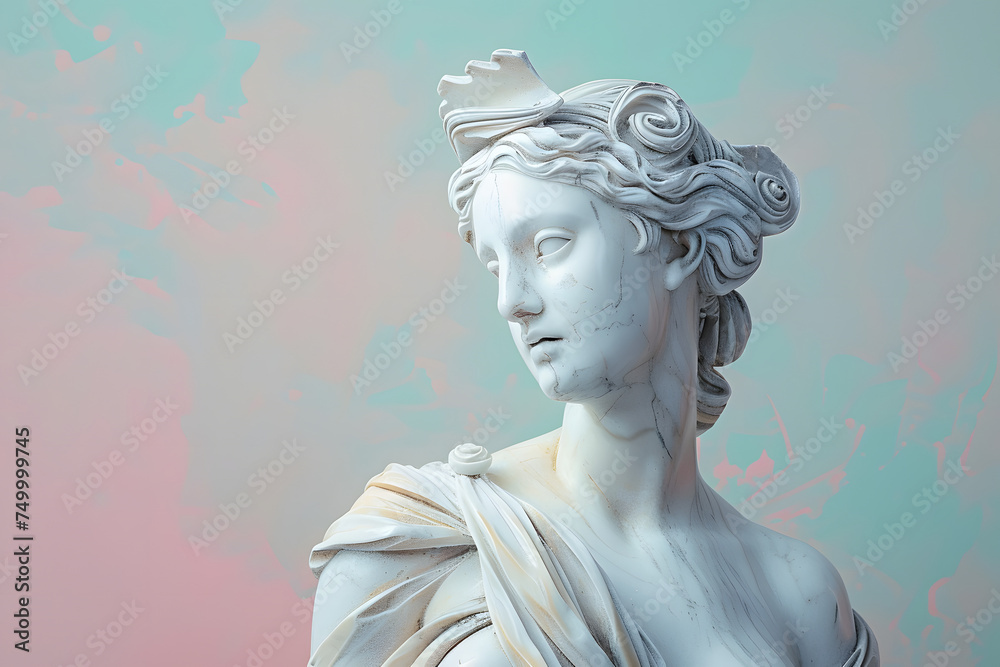 Marble statue of an ancient Greek goddess on pastel background