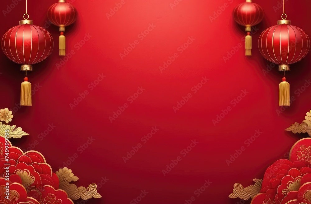 Happy Chinese New Year banner backdrop template. Decoration traditional festival paper fans with lantern on red background. Happy Chinese New Year banner backdrop template. Decoration traditional festival paper fans with lantern on red background.