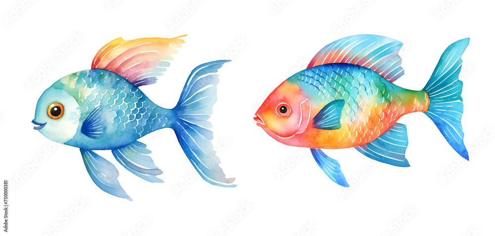 Fish, watercolor clipart illustration with isolated background.