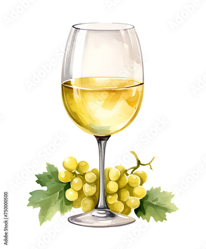 White wine in a glass, watercolor clipart illustration with isolated background.