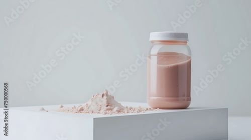 Bottle with protein shake and powder on white background