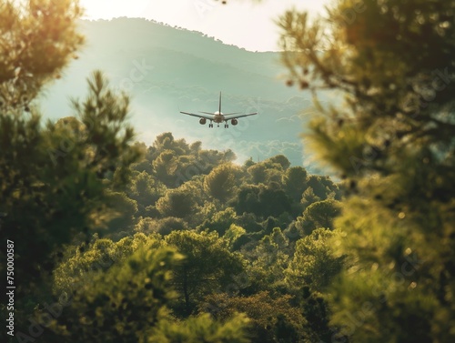 A mesmerizing scene of an airplane landing, emerging from the mist above a lush forest canopy
