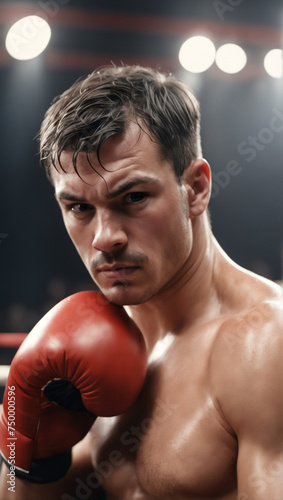 Boxer close-up portrait with gloves in the ring - Generative AI © alpermer