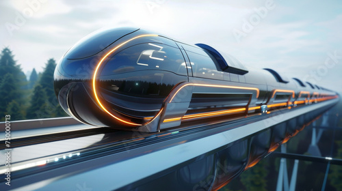 Sleek, modern train on an elevated glass track through a forest, blending technology with nature. photo