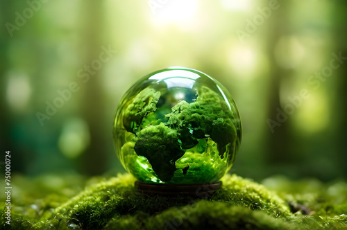 Earth transparent crystal glass globe with continents on moss in nature background. Energy resources  save environment  save green planet  ecology  energy saving concept. World Environment Day June 5