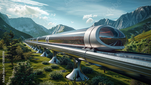 A sleek, eco-friendly train moves through a lush mountain scape. photo