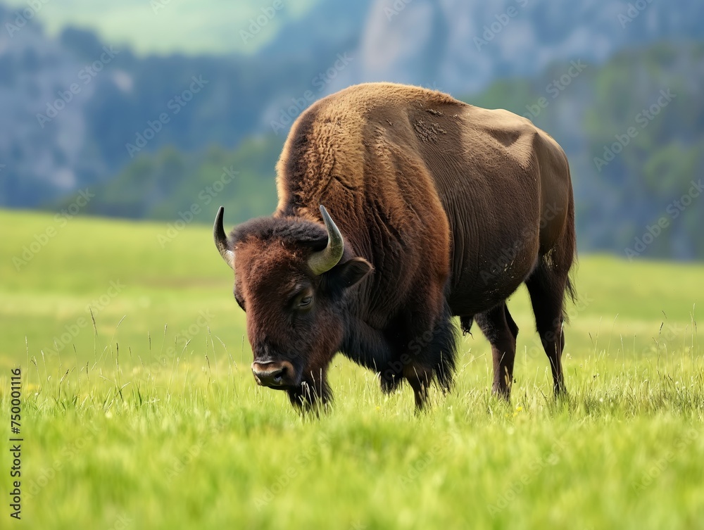 Buffalos or bisons graze peacefully on a lush green meadow, against a backdrop of rolling hills