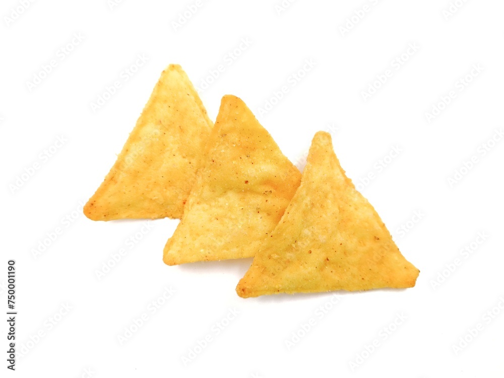 Top view of crispy nachos, isolated on white background.