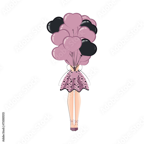 WebA girl with balloons on heels in a fluffy skirt. On a white background.