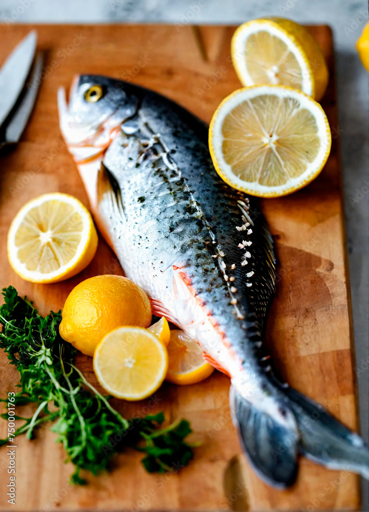 raw fish and lemon on a board. selective focus.