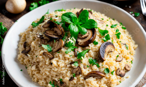 risotto with mushrooms in a plate. Selective focus.