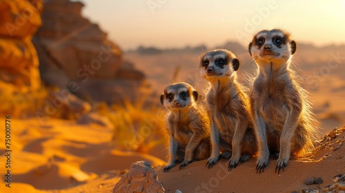 Three meerkats on an aeolian sand dune in the desert landscape photo