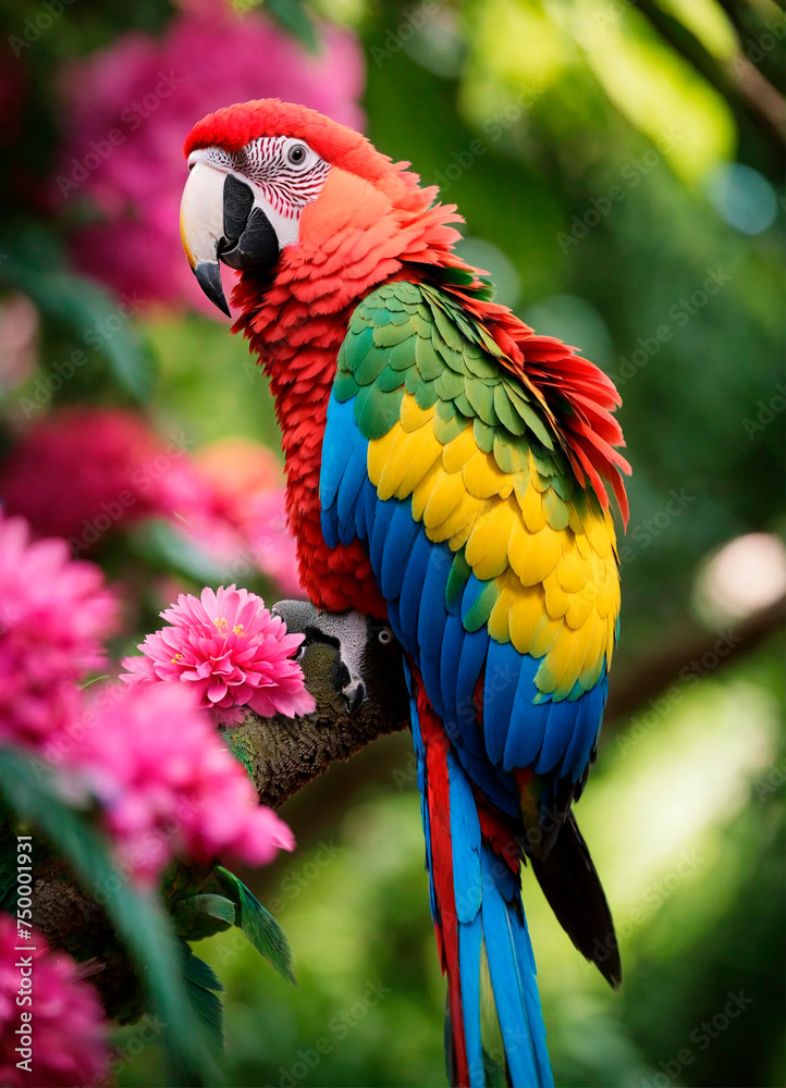 parrot in the jungle in tropical flowers. Selective focus.