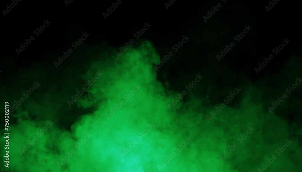 Abstract green misty fog on isolated black background. Smoke stage studio. Texture overlays. The concept of aromatherapy.