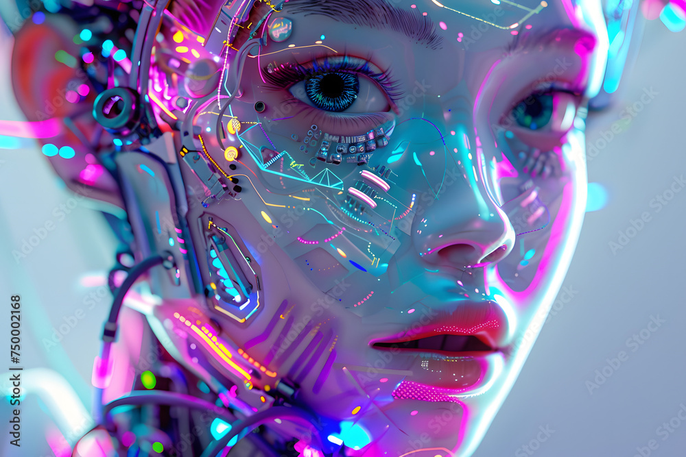 a female humanoid figure with complex mechanical and electronic details showing colorful and futuristic components. Most of her face looks human. The components are colorful, with dominant shades of b