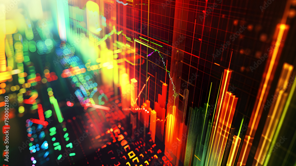 Vibrant stock market graphs and data analysis visualization