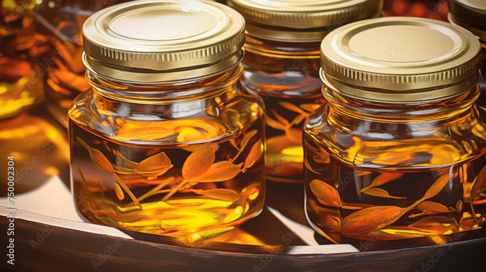 Transparent Golden Oil Bottles Decorated with Herbs with Reflective Surface and White Lids
Transparent Golden Oil Bottles Decorated with Herbs with Reflective Surface and White Lids